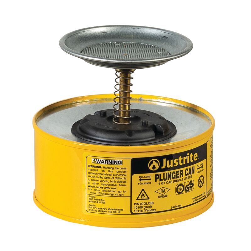 10118-070 Justrite Steel Plunger Dispensing Can - Yellow - 1 Litre - Image 1
